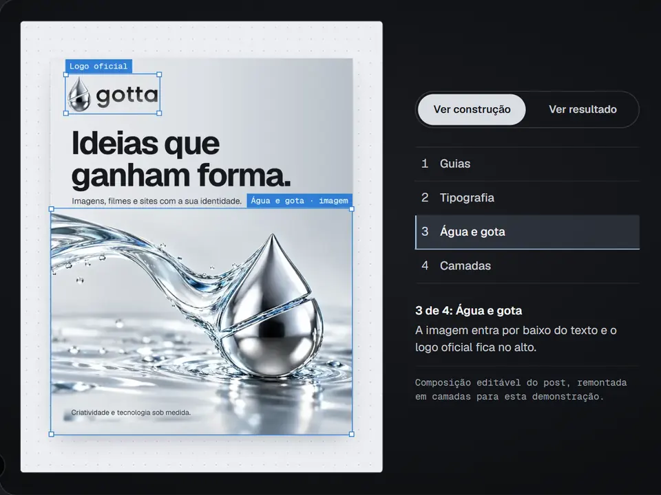 O post da campanha da Gotta em montagem, com as camadas selecionadas, ao lado da lista de etapas.