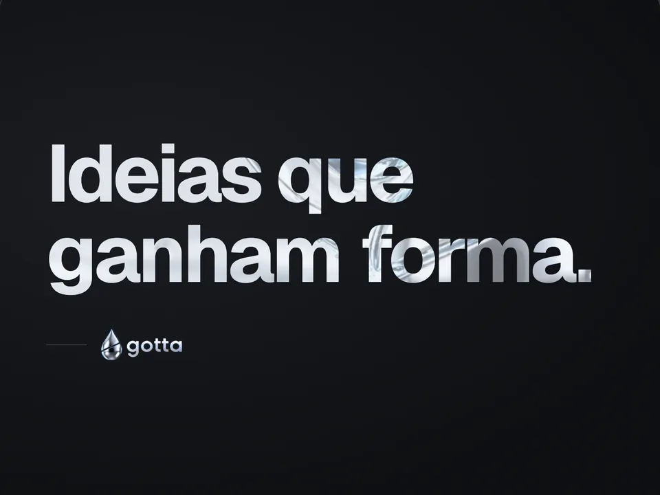 A frase “Ideias que ganham forma” em letras grandes, preenchidas por água e reflexos.