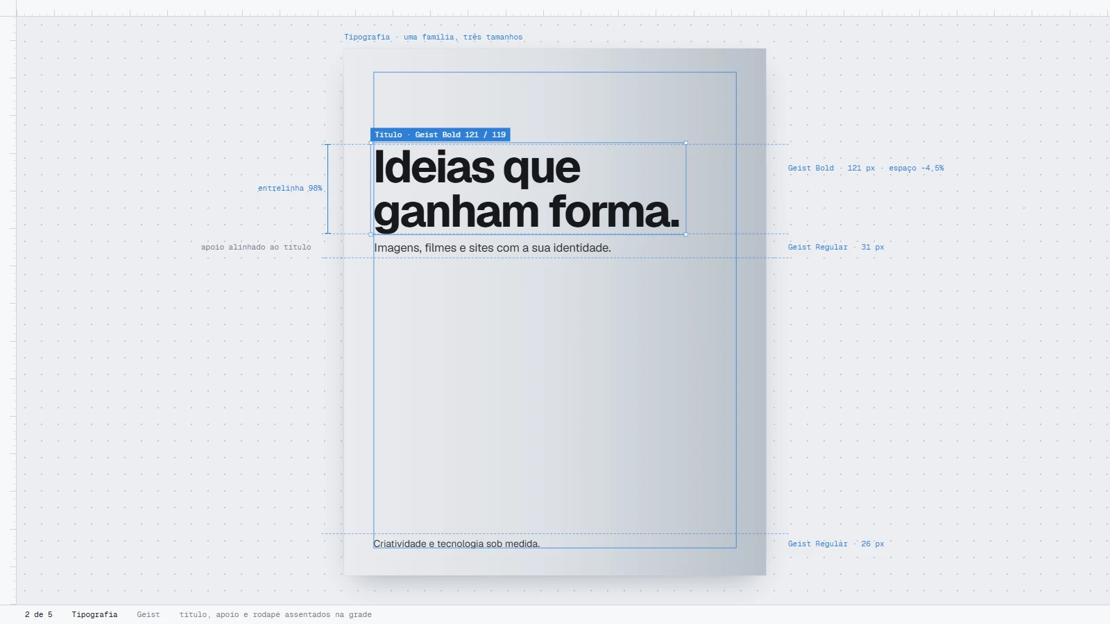 A frase “Ideias que ganham forma.” assentada na grade, com a caixa de seleção do título e as medidas da tipografia ao lado.