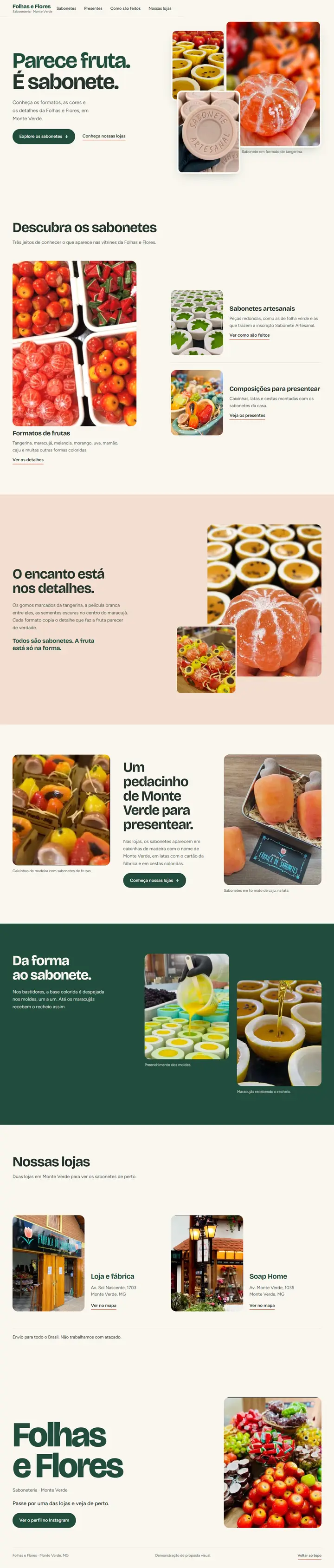 A página da Folhas e Flores inteira: sabonetes em formato de fruta, presentes, fabricação e as duas lojas.