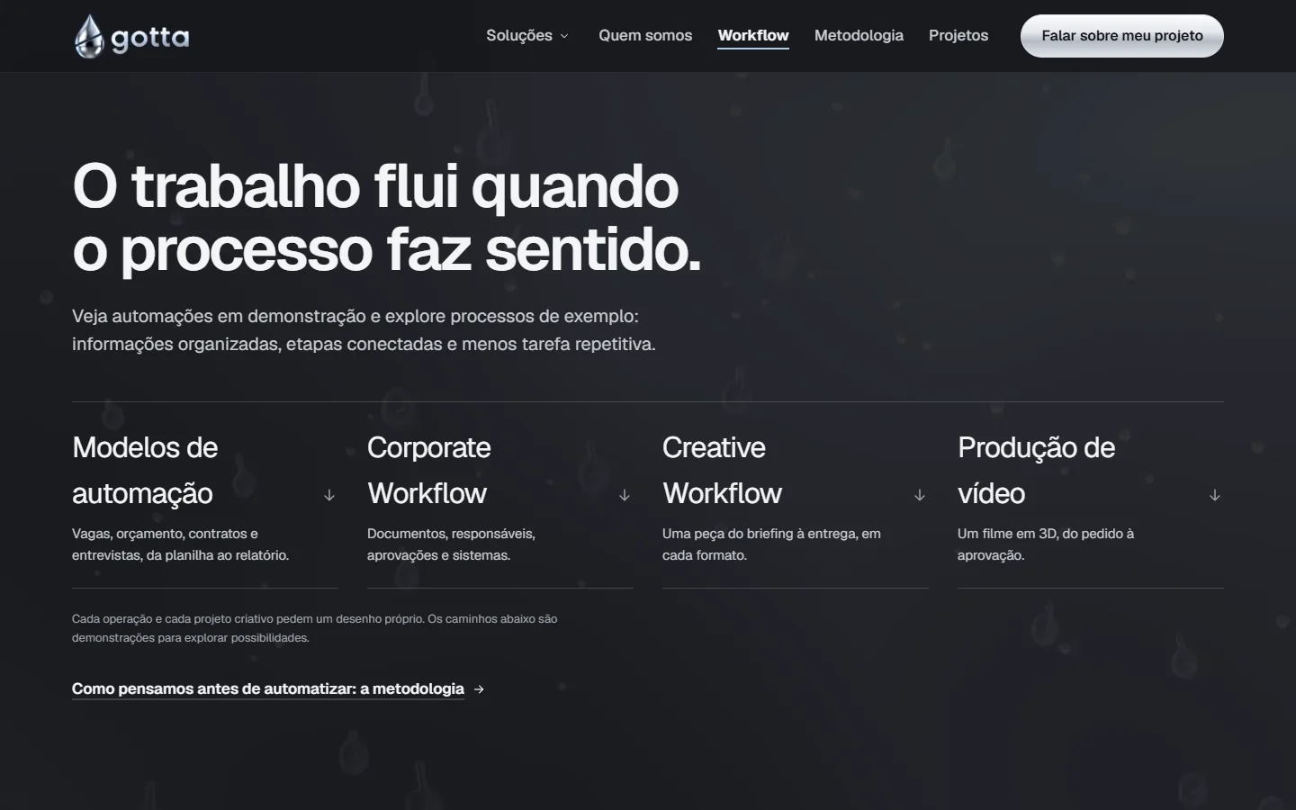 Página de demonstrações do site da Gotta: o título e os caminhos para os processos de exemplo.