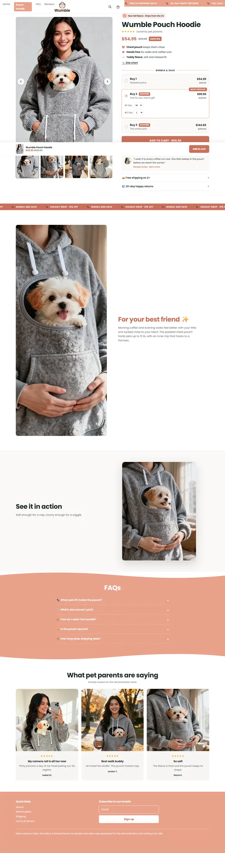 A página de produto da Wumble inteira: galeria de fotos, pacotes, benefícios, filme, perguntas e avaliações de exemplo.