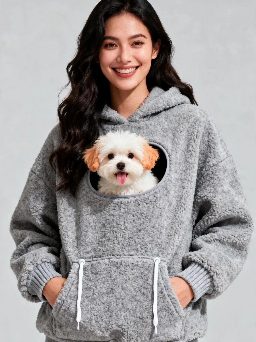 Woman in a grey sherpa pouch hoodie with a small cream puppy peeking out of the chest pouch, studio photo