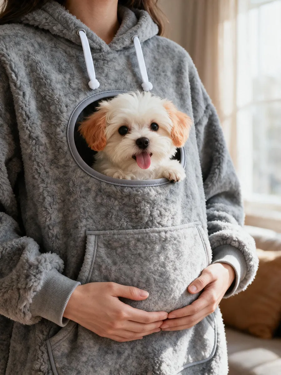Close-up of hands cradling the chest pouch with the puppy inside