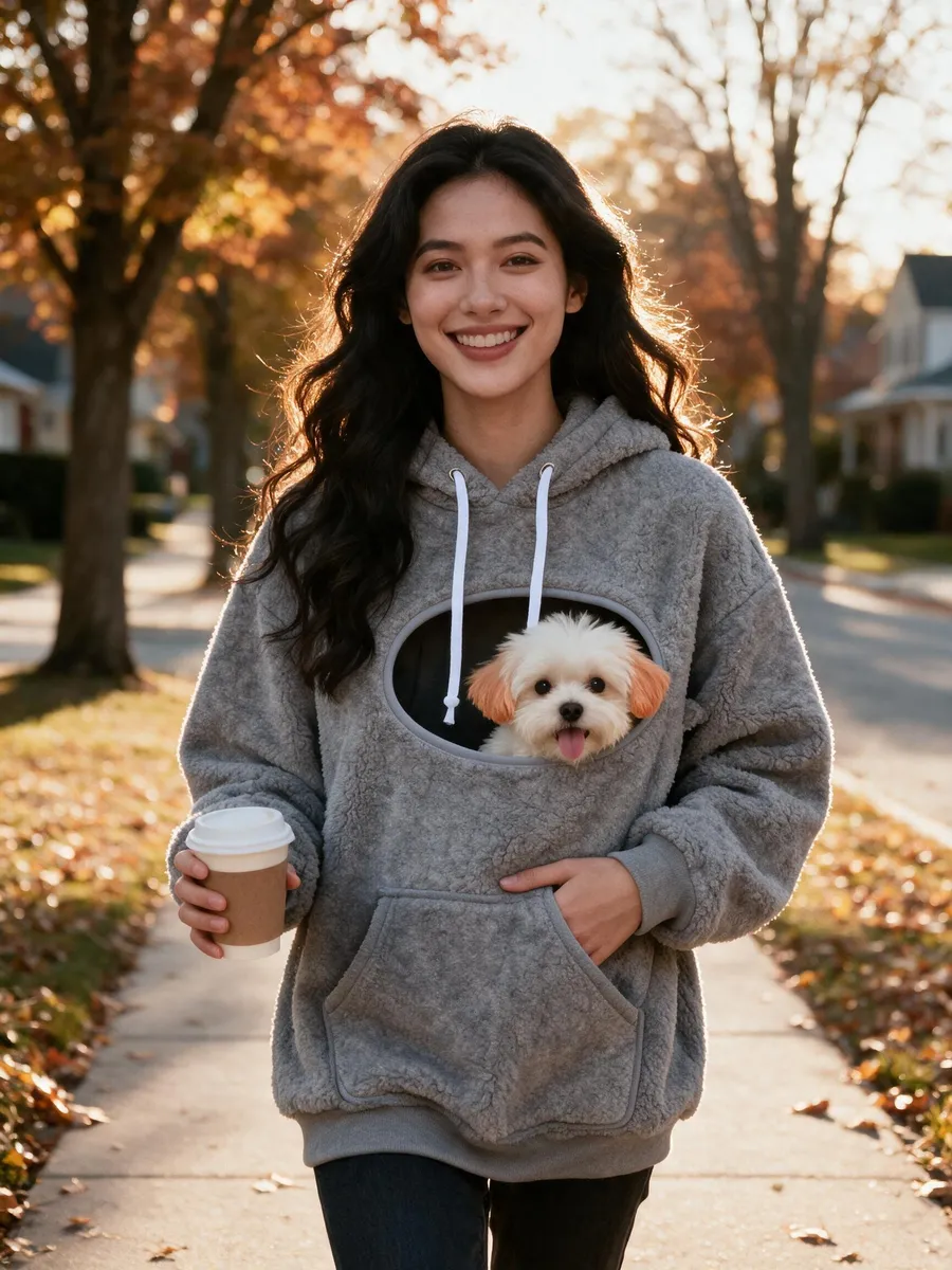 Woman walking on an autumn sidewalk wearing the pouch hoodie with the puppy