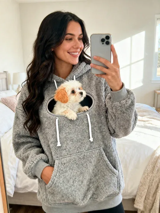 Mirror selfie in the pouch hoodie with the puppy in the pouch